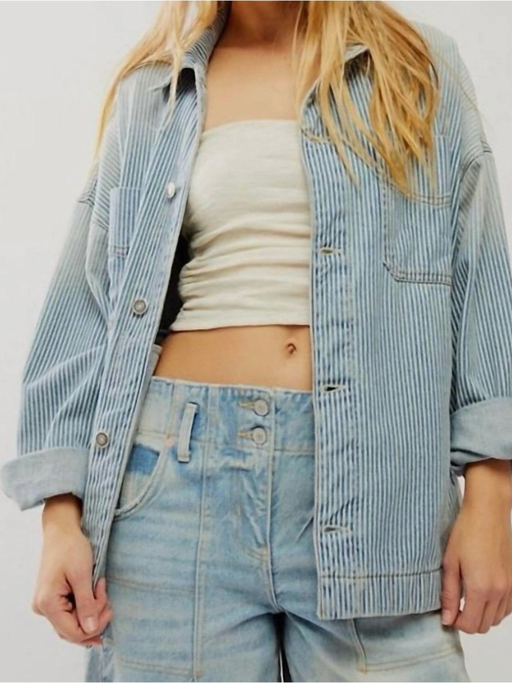 FREE PEOPLE We The Free Madison City Railroad Jacket Denim OVERSIZED Striped M